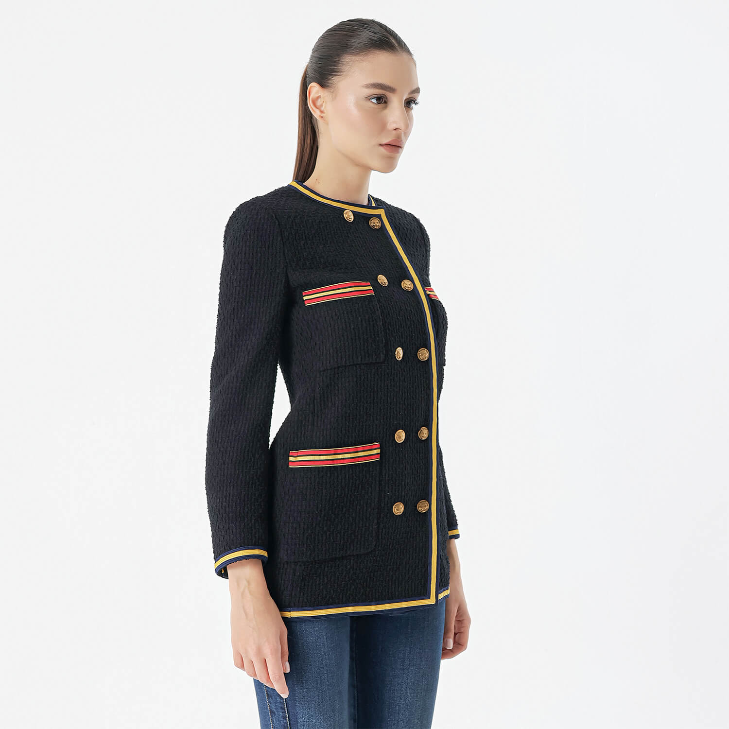 Gucci - Navy Blue&Gold Button Wool Long Jacket